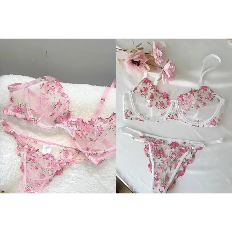 Transparent Floral Lace Embroidery Bra Set Summer Thin Minimizer Underwear Soft Breathable Full Bust Female Home Daily Wear S-XL