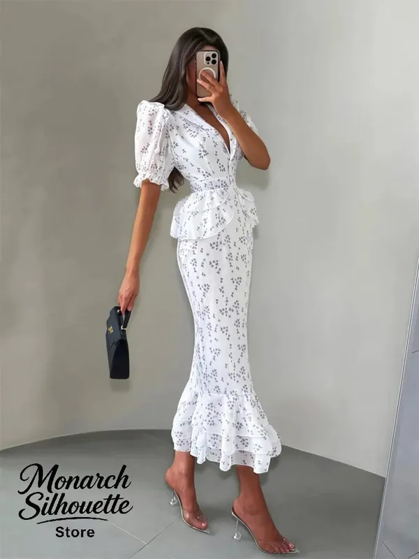 White Pink Floral Choker Neck Dress Women Elegant V-neck 3/4 Sleeves Peplum Ruffle Hem Long Dresses 2026 Lady Daily Vestidos New — image 6