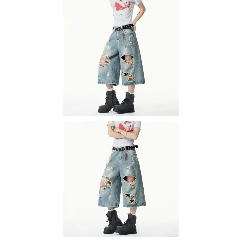Summer Trendy Men Jeans Ripped Loose Casual Man Pants Artistic Design Cropped Long Denim Trousers