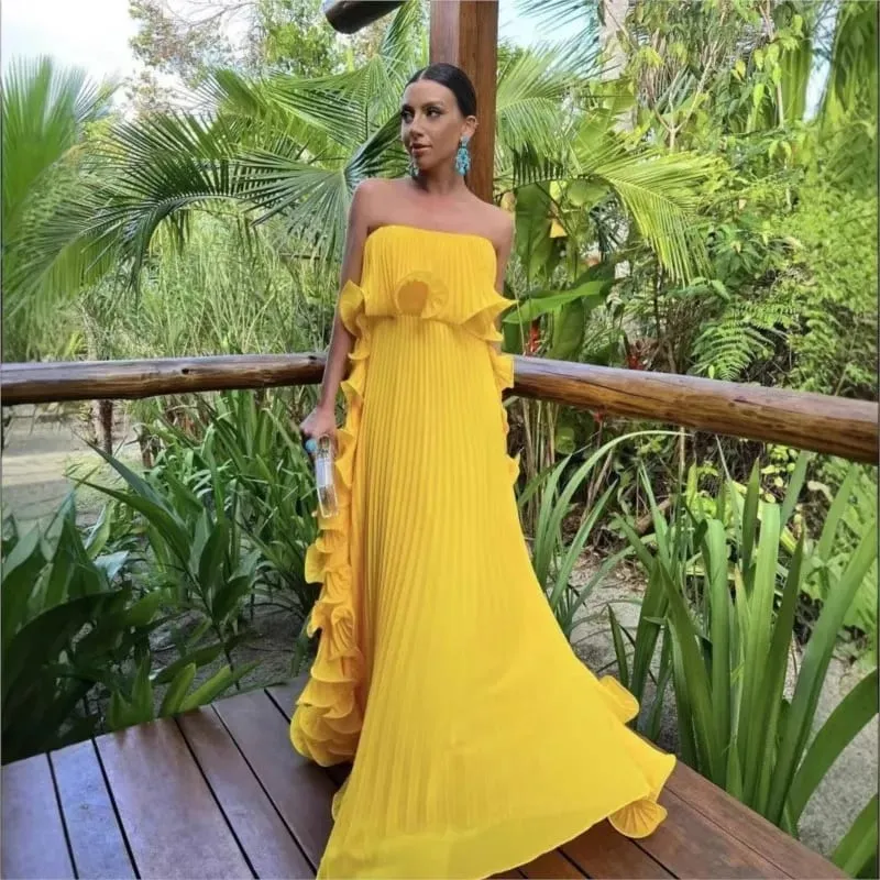Vestido feminino da moda para férias de verão, laranja, plissado, chiffon, longo, formal, feito sob encomenda, com babados, sem alças, vestido de festa na praia — image 2