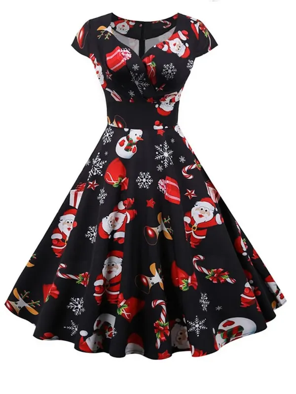 Moda decote em V manga curta estampado vestido de Natal grande balanço vintage elegante vestido de festa de Natal — image 7
