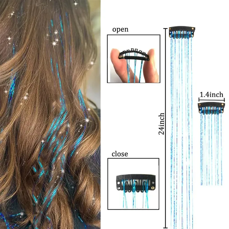Hair Tinsel Pack of 6 Pcs Hair Tinsel Clip in Glitter Tinsel Hair Extensions Synthetic Hair Tinsel Kit Party Festival Fairy Hair — image 4