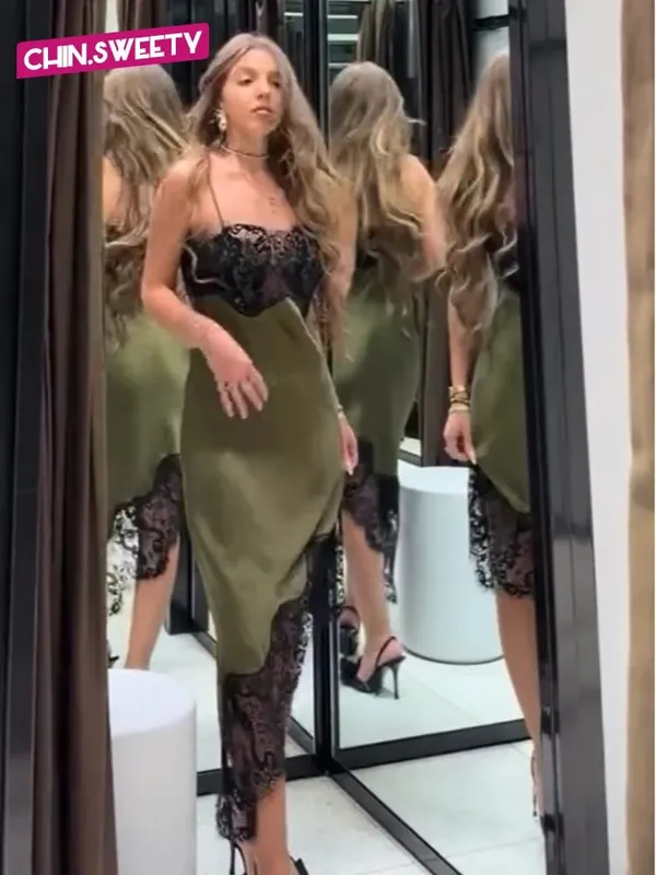 Chic renda retalhos cetim camisola vestido sem mangas ver através de vestidos de bainha irregular 2026 nova festa diária ao ar livre traje casual — image 2