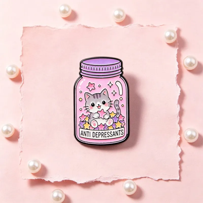 Sweet Pink Cat Star Bottle Enamel Brooch ANTI DEPRESSANTS Badge Cute Animal Lapel Pin Backpack Jacket Decorative Accessory — image 3