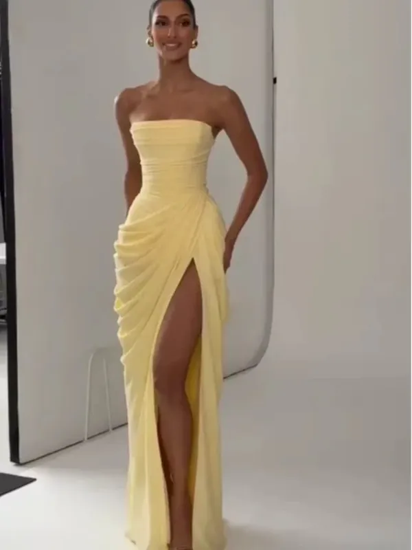 Elegante amarelo sem alças plissado vestido longo feminino chique sólido sem mangas cintura cinching split vestido 2026 senhora festa de noite robes — image 8