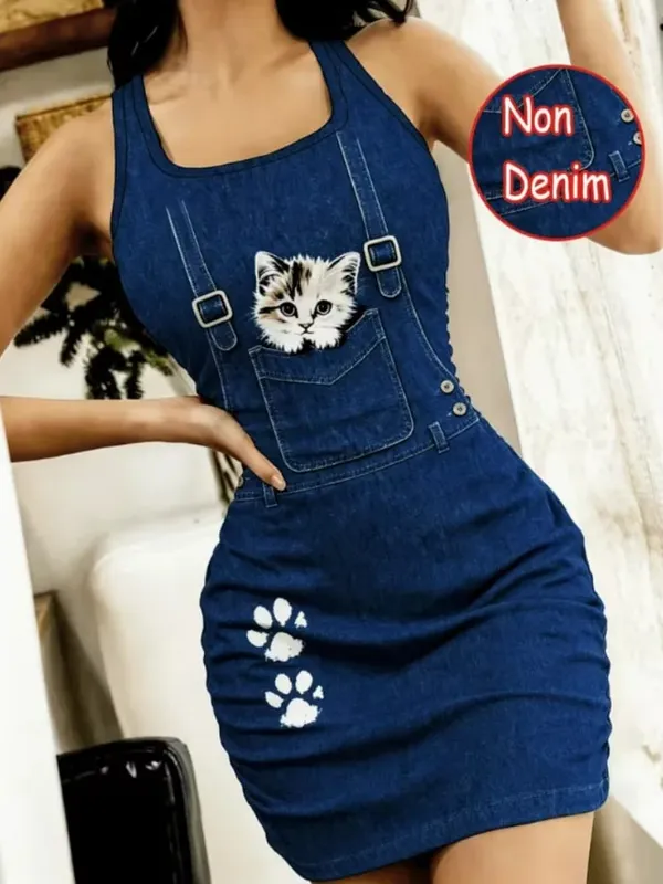 Women’s Spring and Summer Casual Slim-Fitting Spaghetti Strap Sleep Dress Made from Non-Denim Fabric. A Faux Denim cartoon Ca