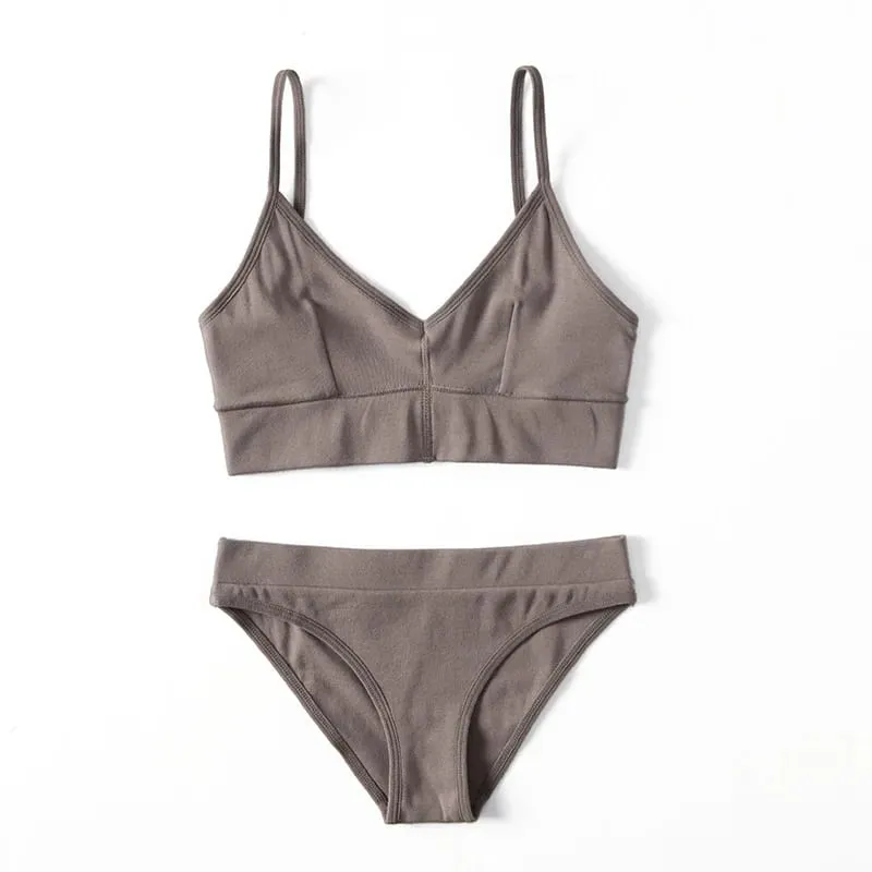 Solid Color Ribbed Wireless Bralette Set Women's Thin Strap Camisole Bra with Triangle Briefs Lingerie — image 3