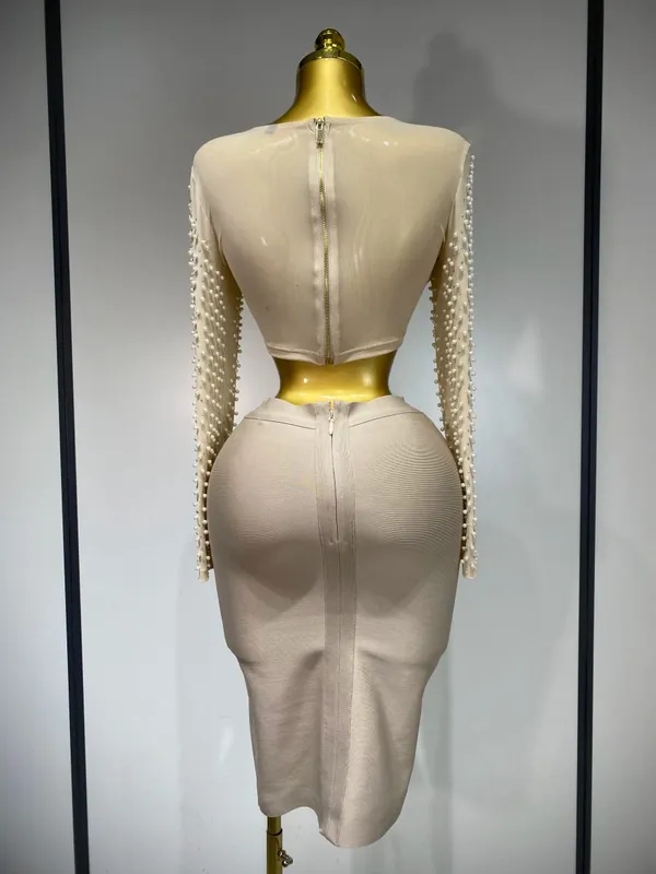 Kvinnor Sexig Långärmad Mesh Pearl Top Kändis Midi Kvinnor Bandage Set 2025 Designer Evening Party Lyx Födelsedag Tvådelad Set — image 4