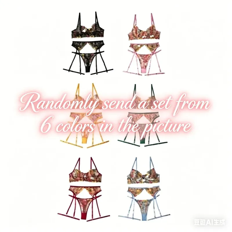 Clearance Random Color Sexy Lingerie Set 3 Pcs Floral Embroidery Sheer Lace Bra Garter Belt Panty Intimate Underwear Kit