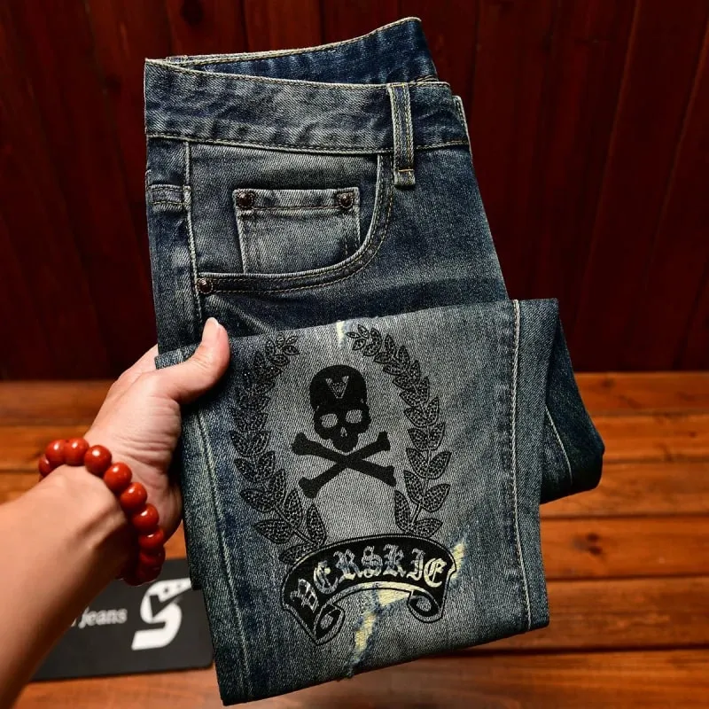 High end jeans men with ripped holes street fashion prints small feet elastic retro and handsome pants — image 6