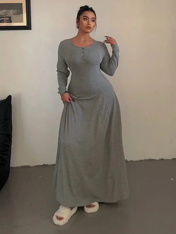 Nagyméretű egyszínű kötött elegáns A-vonalú Flowy maxi ruha | Női hosszú ruha | Alkalmi és ingázó stílus — image 2