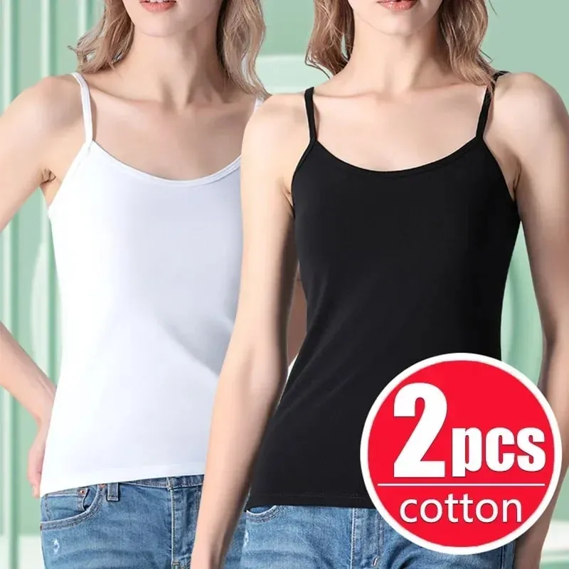 Women's Solid Color Spaghetti Straps Sleeveless Slim Camisole with Chest Pad Cotton Summer Wear Outside Female Short Tops Vests — image 8