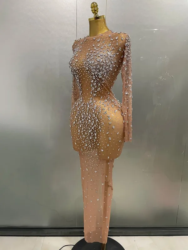 Sexy Shinny Rhinestone Stretch Mesh Transparent Long Dress 2025New Women Evening Birthday Party Prom Nightclub Singer Stage Wear — image 3