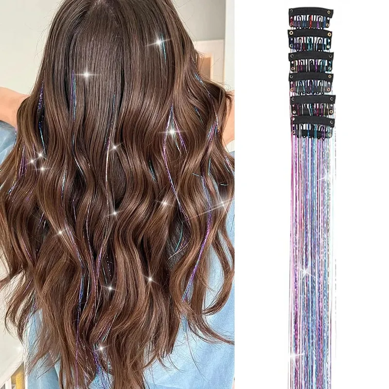 Hair Tinsel Pack of 6 Pcs Hair Tinsel Clip in Glitter Tinsel Hair Extensions Synthetic Hair Tinsel Kit Party Festival Fairy Hair — image 13