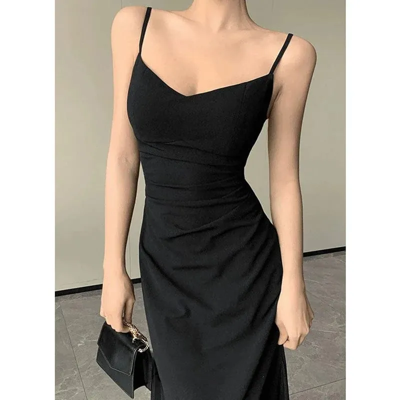 Vestido coreano com alça espaguete, decote em v, sexy, costas nuas, cintura apertada, vestidos de festa femininos, elegante, preto, transparente, midi, novo — image 4