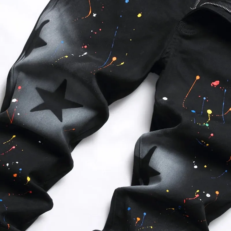 Men Star Painted Denim Jeans Casual Graffiti Print Slim Straight Pants Black Stretch Cotton Spandex Trousers