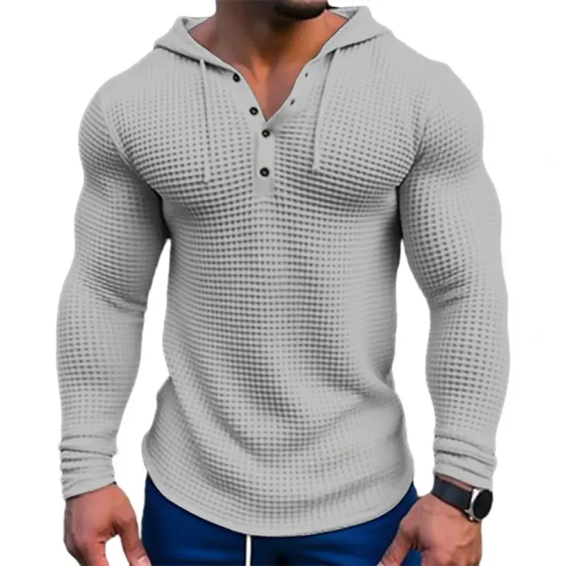 Våren Enfärgad Slim Fit Långärmad T-shirt Herr Huva Andas Sport Topp Våffel Bomull Casual Långärmad Skjorta — image 10