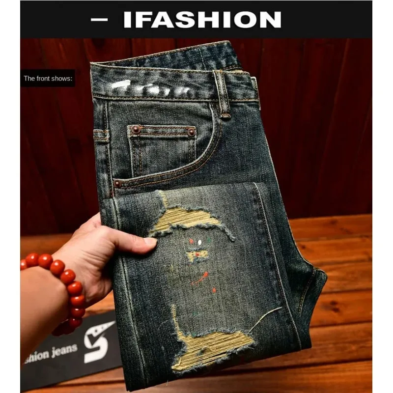 Broken hole patch jeans for men 2025 new men's clothing paint printing trend design retro nostalgic slim fit denim pants — image 6