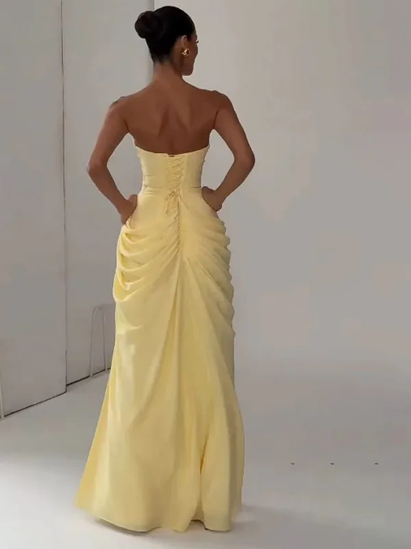 Elegant Solid Pleated Strapless Maxi Dress Yellow Off-shoulder Backless High Waist Split Robe 2026 New Lady Evening Party Gown — image 3