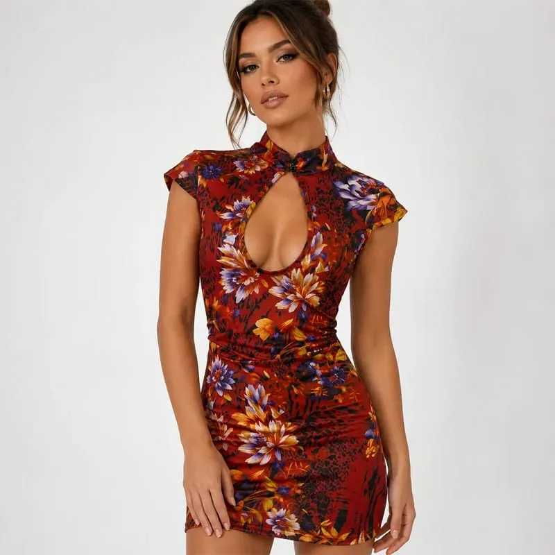 Women's Floral Mini Dress Keyhole Cut Out Bodycon Dress Short Sleeve Mandarin Collar Y2K Sexy Party Clubwear