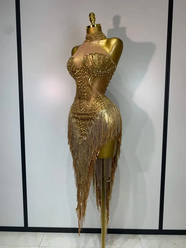 Sexy traje de palco brilhante strass malha transparente lantejoulas borla noite festa de aniversário boate dança cantor outfit — image 2