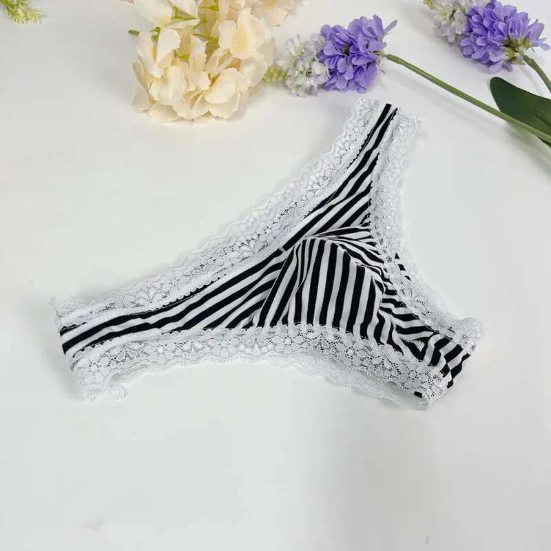 Men Lace Trim Striped G-string Underwear Half-covered Butt Low-rise Pantie Breathable Sexy U Bulge Pouch Comfortable Tong — image 13