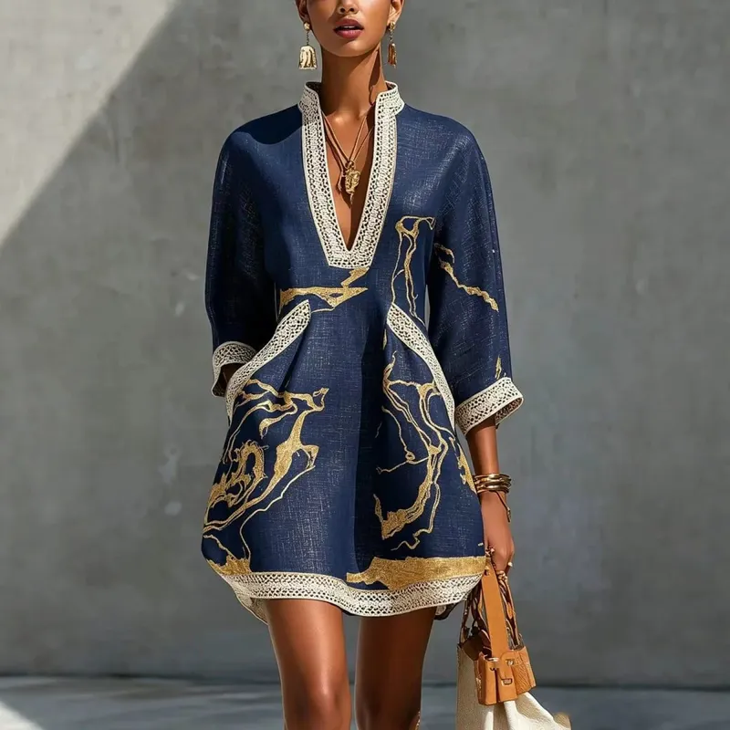 B Elegant Mini Dress for Women Fashion Lace Trim V Neck Abstract Print 3/4 Sleeve Pocket Dress Casual Commuting Vacation Dresses — image 2