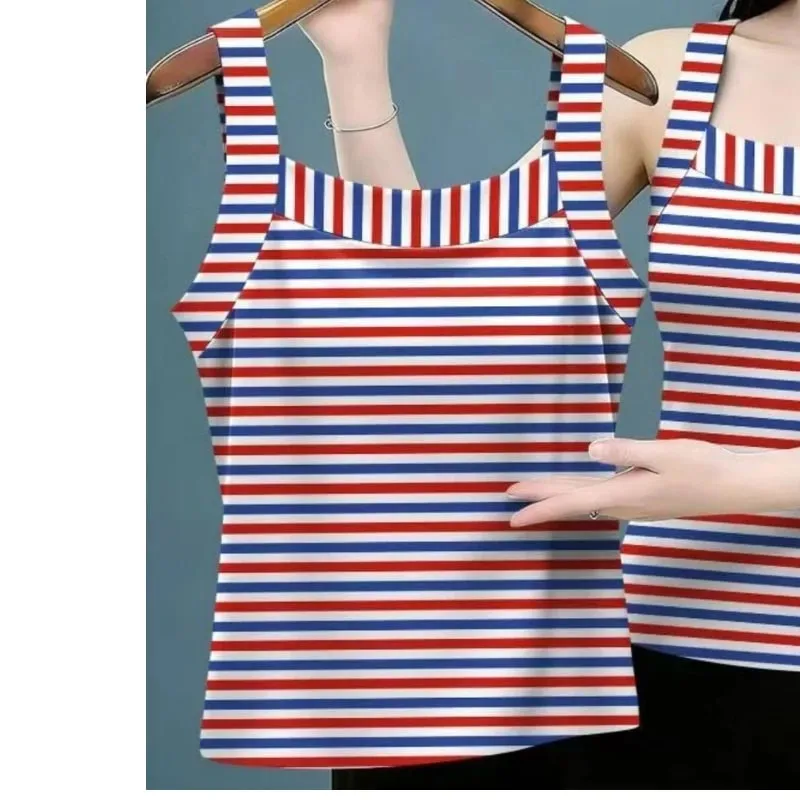 Summer Sleeveless Striped Contrast Patchwork Plus Size Vintage Tops All-match Harajuku T Shirts Fashion Casual Women Clothing — image 4
