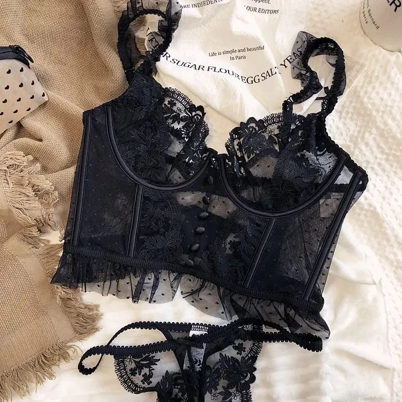 Hot Sale French Sexy Lingerie Set for Women Ultra Thin See Through Bra Panty Set Embroidery Lace Shaping Camisole Underwear Set — image 2