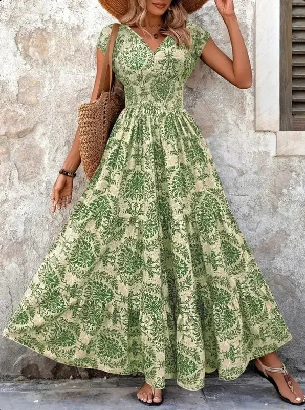 2026 Vintage Floral Print Dress Elegant V-Neck Short Sleeve Long Women's Fashion Retro Gown — image 8