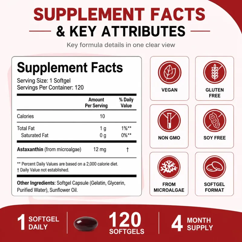 Astaxanthin Supplement 12mg Softgels from Microalgae with Antioxidant Support for Skin Health & Healthy Aging 120 Count — image 3
