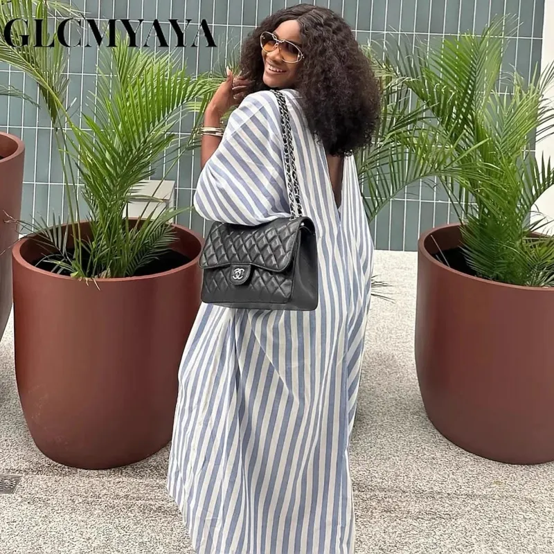 2026 Fall Holiday Half Sleeve Striped Print V-Neck Loose Long Dress Street Africa Women Party Vestidos Dresses Vestidos — image 4