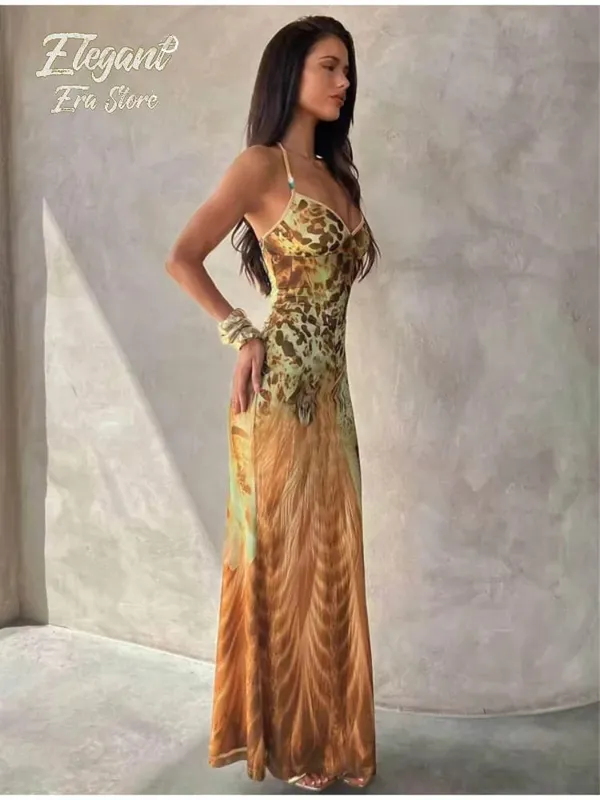 Vintage Print Sleeveless Irregular Hem Dress Women's Sexy Backless High Waist Slim Fit Vestidos Summer Lady Vacation Beach Wears