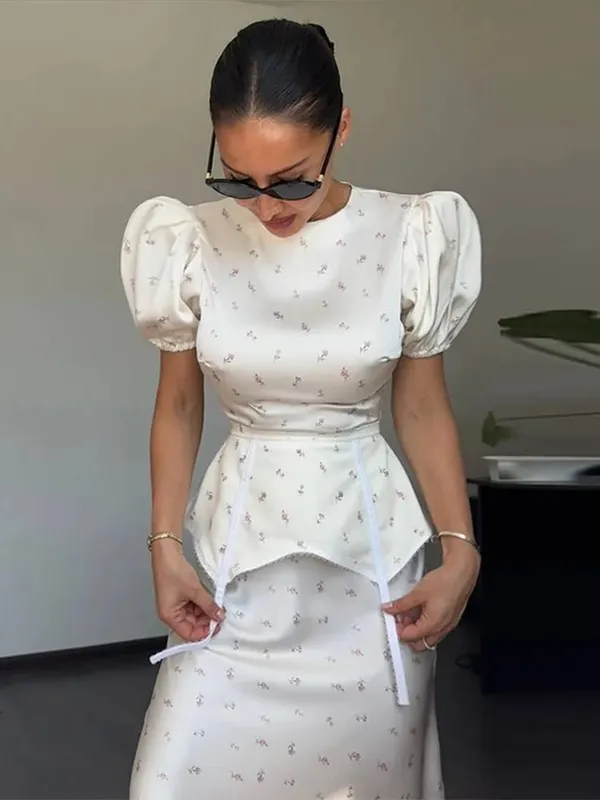 Women's White Floral Print Puff Sleeve Dress With Waistband Fashion Satin Ruffled Hem Maxi Dresses Lady 2026 Elegant Party Robe — image 2