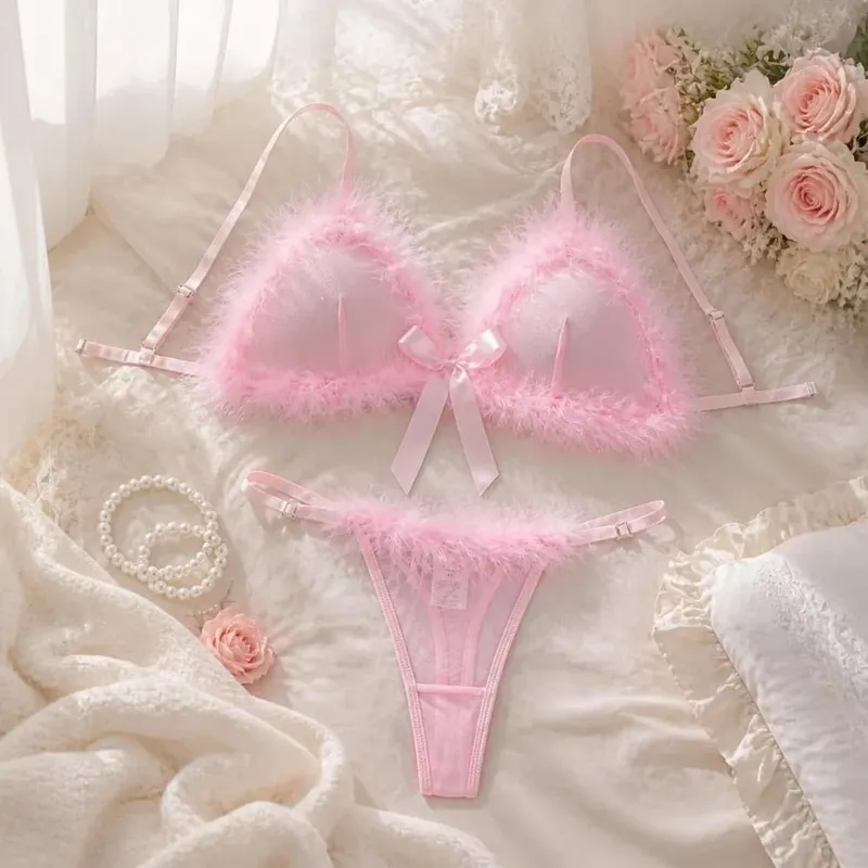 Furry Women's Underwear Mesh Transparent Wireless Lingerie Set Bow Decor Romantic Intimate Bra Panties Suit Valentine's Day — image 3