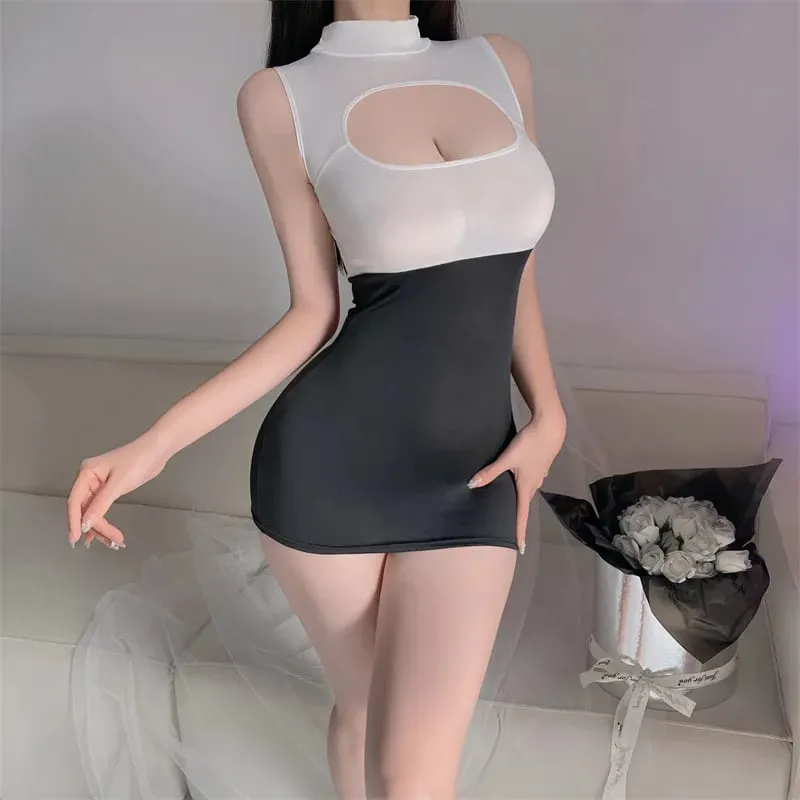 Vestido sexual de verão sexy ol secretário uniforme com casca de peito livre e saia de perspectiva de quadril vestidos casuais femininos vestidos de noite