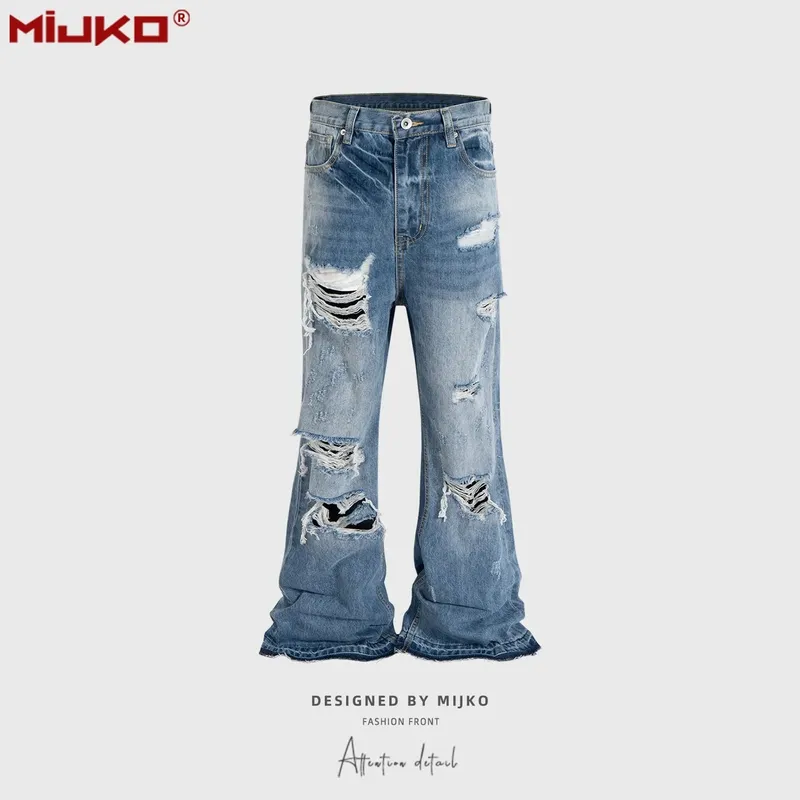 Unisex Wide Leg Flared Jeans Torn Hole Cut with Cat Whisker Fringe Blue for Men And Women ZJ014