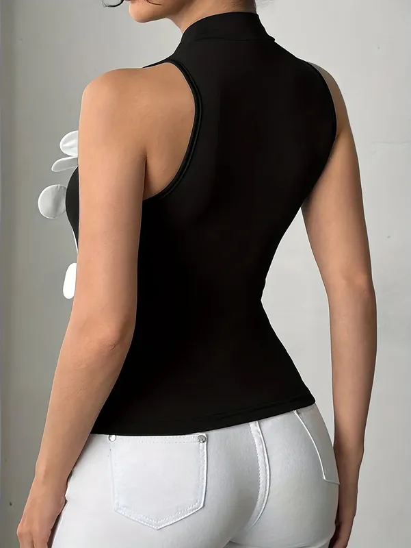 Women's High Neck Halter Bodysuit 3D White Flower Applique Sleeveless Slim Fit Black Top — image 2