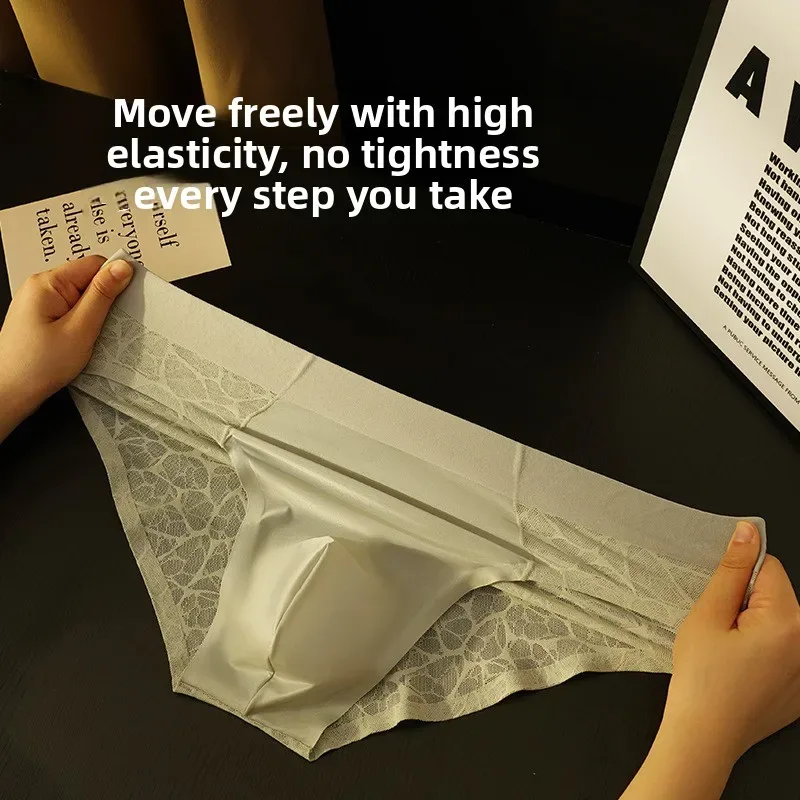 Sem costura jacquard homens triângulo roupa interior de seda gelo fina respirável calcinha de secagem rápida cuecas masculinas sexy u bulge bolsa — image 3