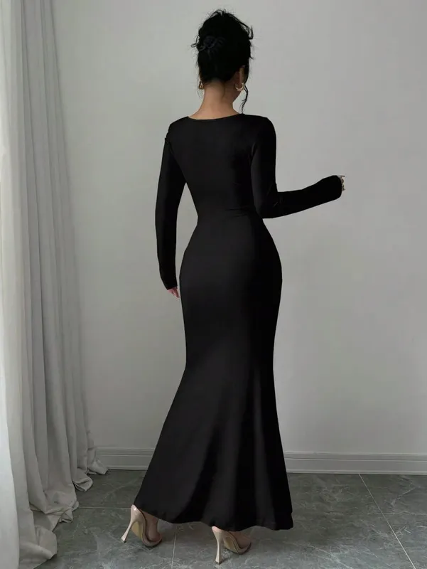 Women's Four Seasons New Style Women's Elegant Temperament Retro Solid Color Square Collar Long Sleeve Dress — image 3