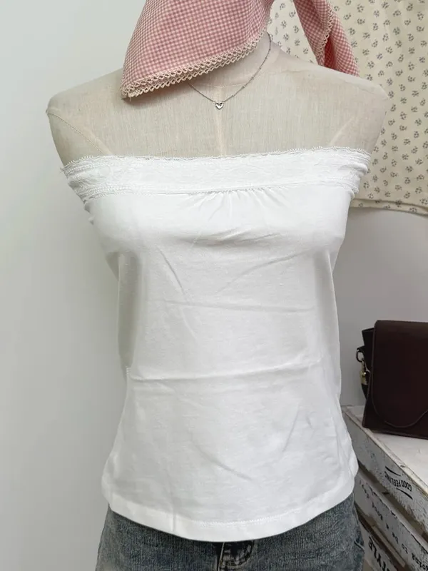 Sweet Lace Patchwork Slim Tank Tops Dam Sommar Vit Sexig Enkel Bomull Mjuka ärmlösa västar Kvinna Vintage Chic Y2K Camisole — image 19