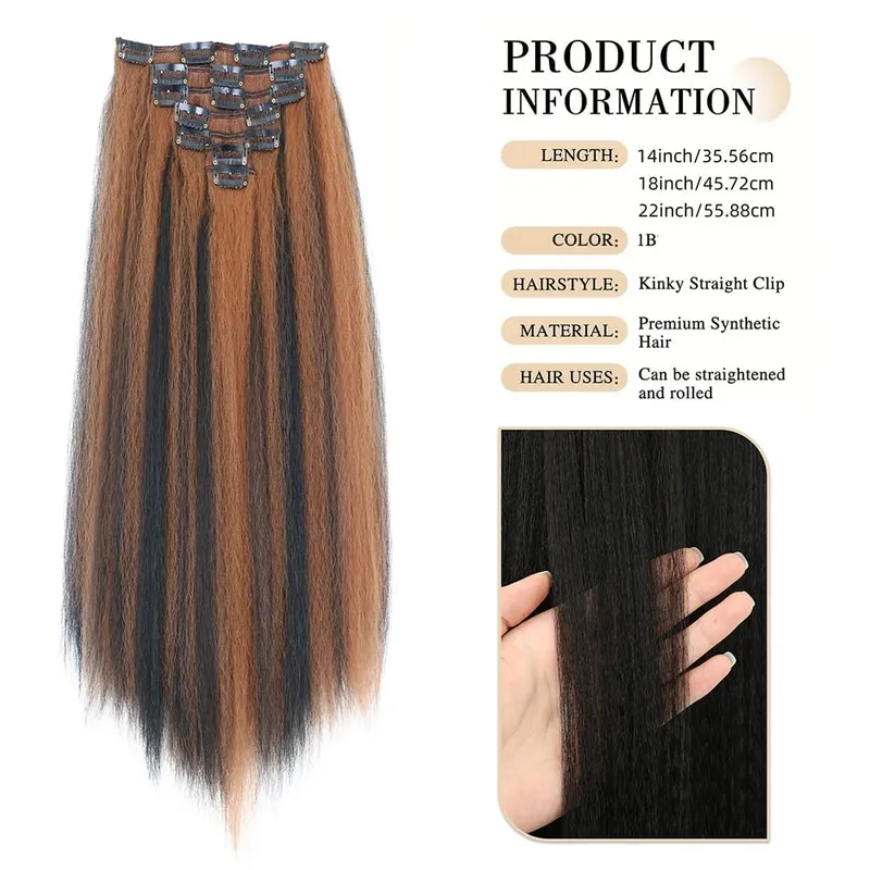 14-22icnh Synthetic Yaki Straight Clip In Hair Extensions For Women Black 7Pcs/Set Synthetic Extensions Hairpiece — image 5