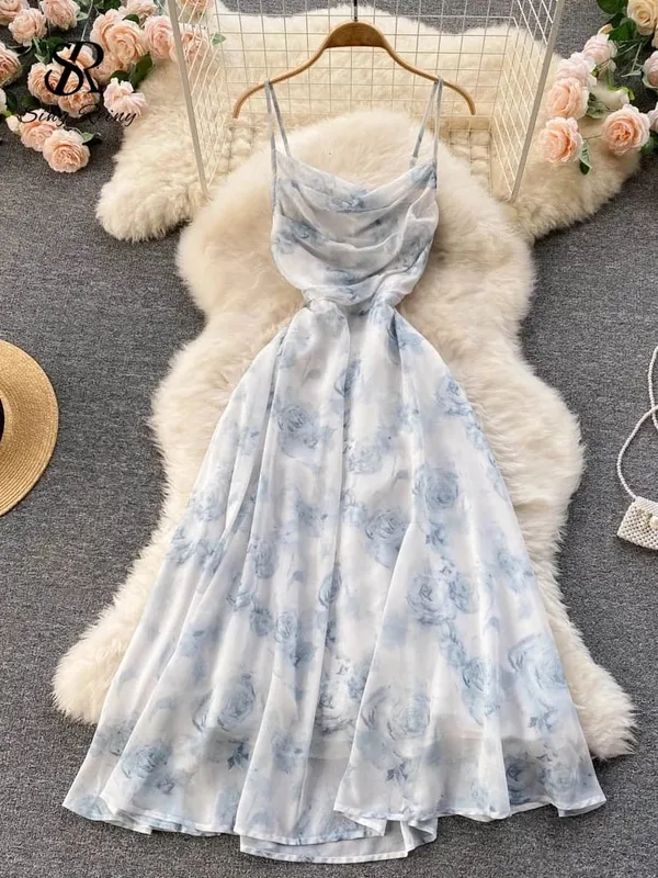 Feminino floral cinta de espaguete vestido elástico ruched sexy oco sem costas vestido de festa verão boho férias praia vestido de verão