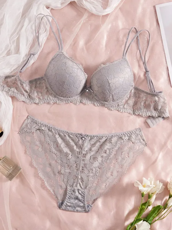 Women's Sexy Lingerie Set Lace Patchwork Solid Color Bowknot Rhinestone Embellished Push-Up Double Shoulder Strap Unlined Comfortable Underwear Lace Semi-Transparent Breathable Panties — image 6