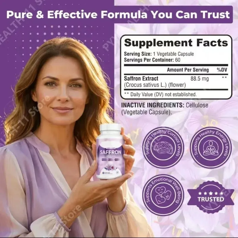 100% Saffron Capsules 88.5mg Crocus Sativus L Flower Extract with Crocin Safranal Natural Plant Extract Daily Health Supplement — image 5