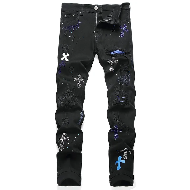 2026 New Men's Fashion Crystal Cross Stretch Denim Jeans Holes Ripped Distressed Black Pants Embroidery Slim Tapered Trousers — image 9