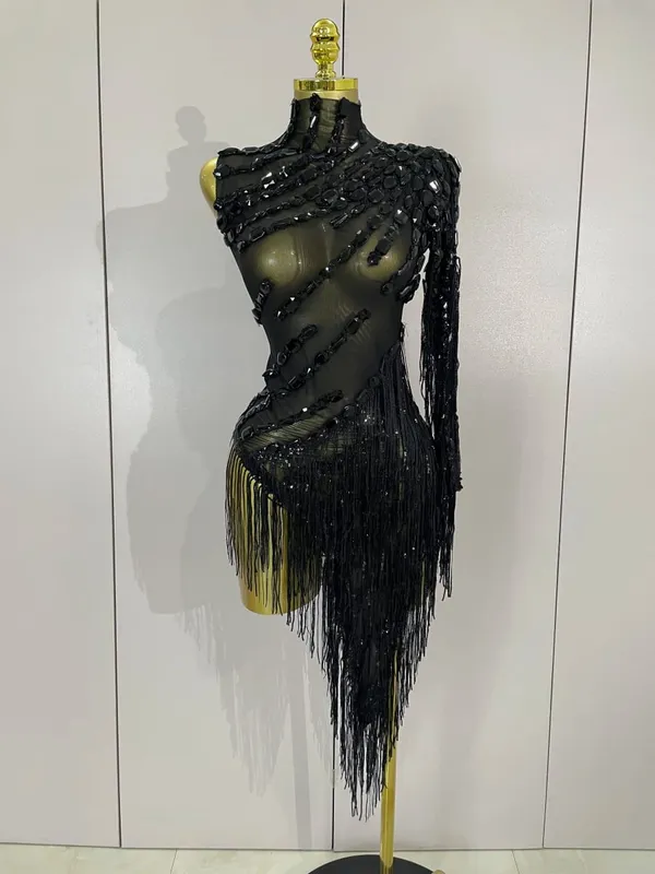 Strass brilhantes borla sexy vestido transparente feminino um ombro roupas de dança latina bar boate festa palco traje