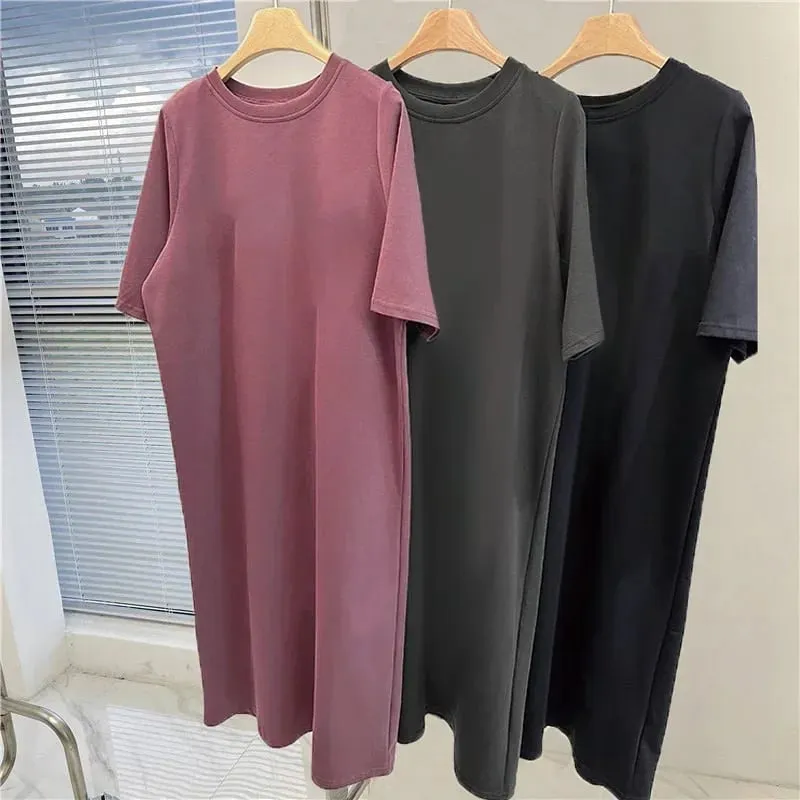 Maluwag na Kaswal Solid na Kulay Kumportableng Damit Maluwag Malaking Sukat Maikling Manggas Shirt Dress Summer Home Long Dresses — image 3