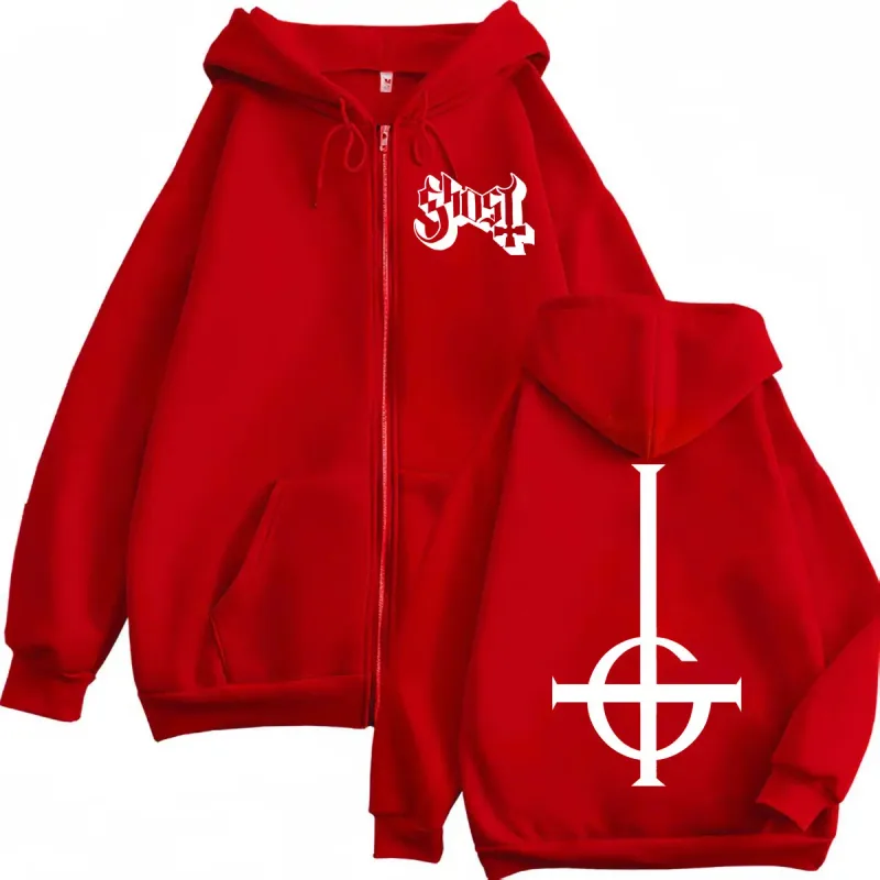 Venda quente Ghost Rock Band Logotipo Zíper Moletom Com Capuz Masculino Feminino Moda de Alta Qualidade Zip Up Moletons Casual Solto Pulôveres de Lã — image 6