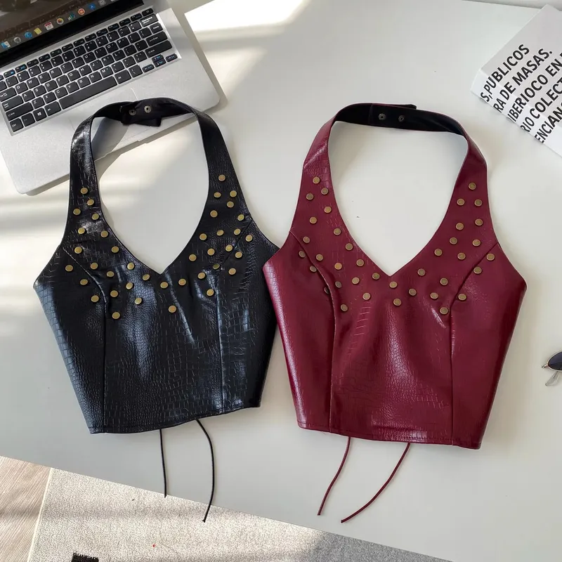 Halter Rivet Hotsweet Tops Women Lace Up Slim Texture Summer Clubwear Tank Top PU Leather Backless Sensual Retro Camis — image 7